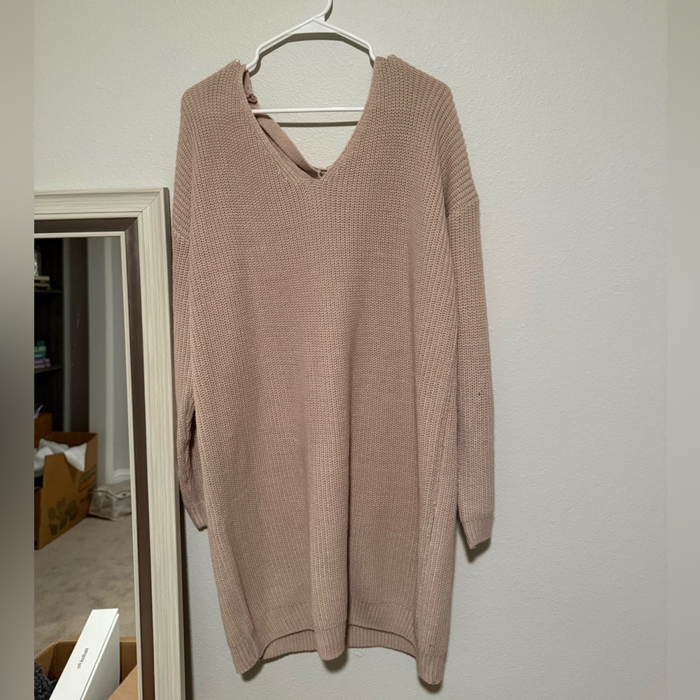 Women's V-Neck Sweater Dress- Pink